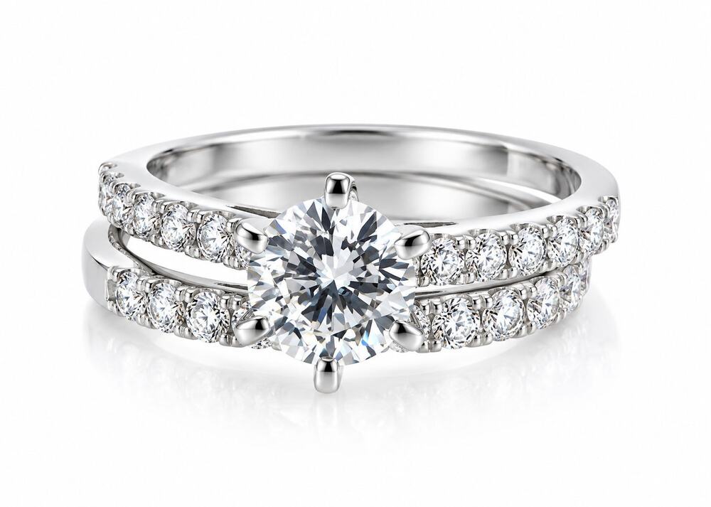 2Ct Round Cubic Zirconia Bridal Engagement Ring Set Sterling Silver Size 7